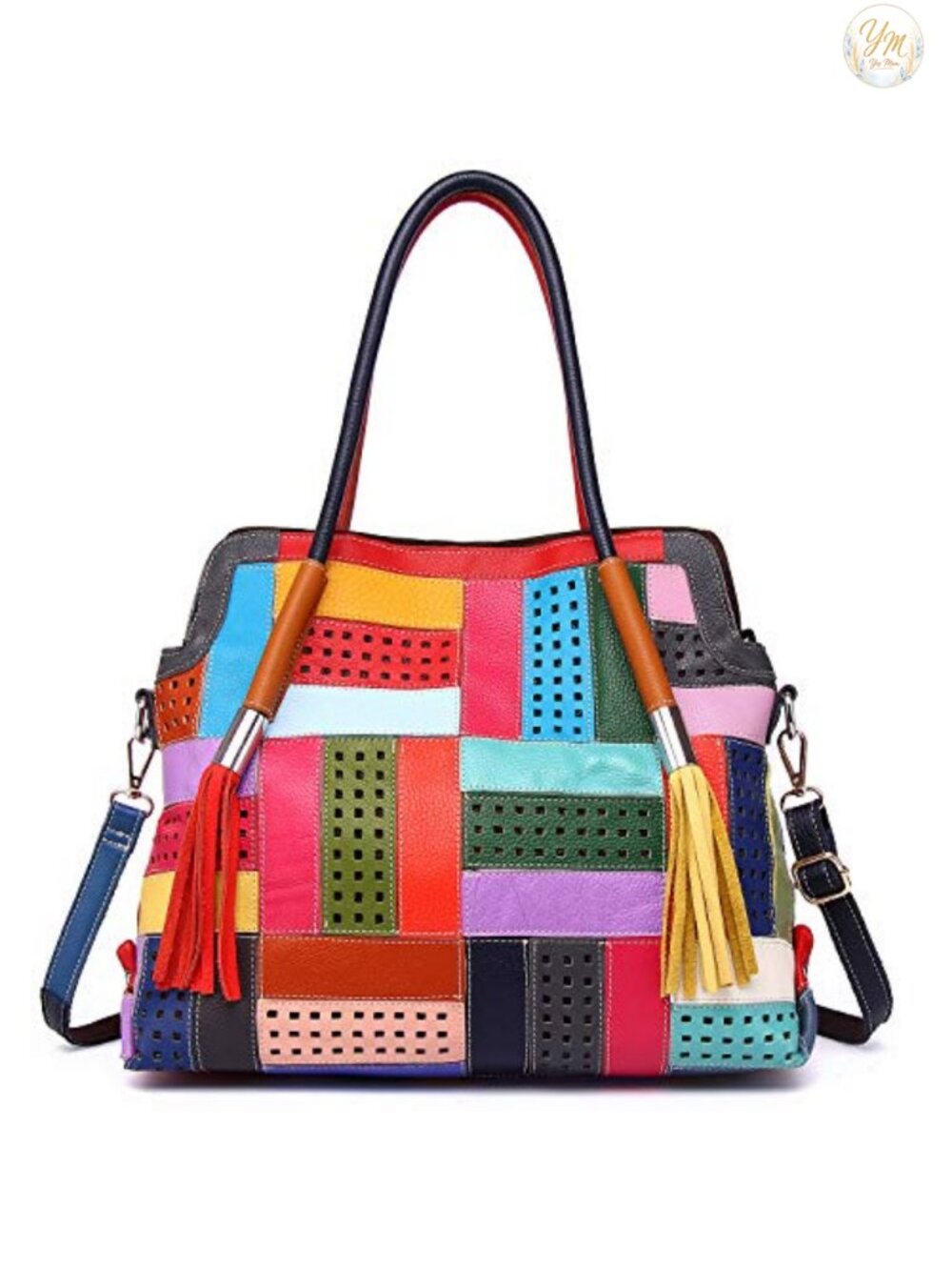 Genuine Leather Patchwork Tote Handbag with Detachable Strap